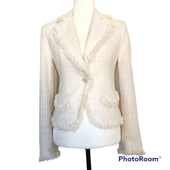 Zara Women’s Cream Sparkly Tweed Fringe Trim Blazer Jacket Size 4 - Picture 2 of 13